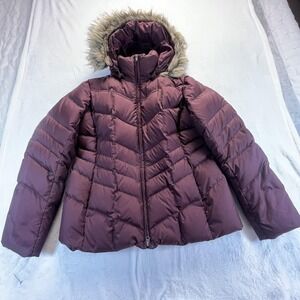 Lands End Youth Girls Down Puffer Jacket Sz L Maroon Fur Trim Hood Zip Pockets